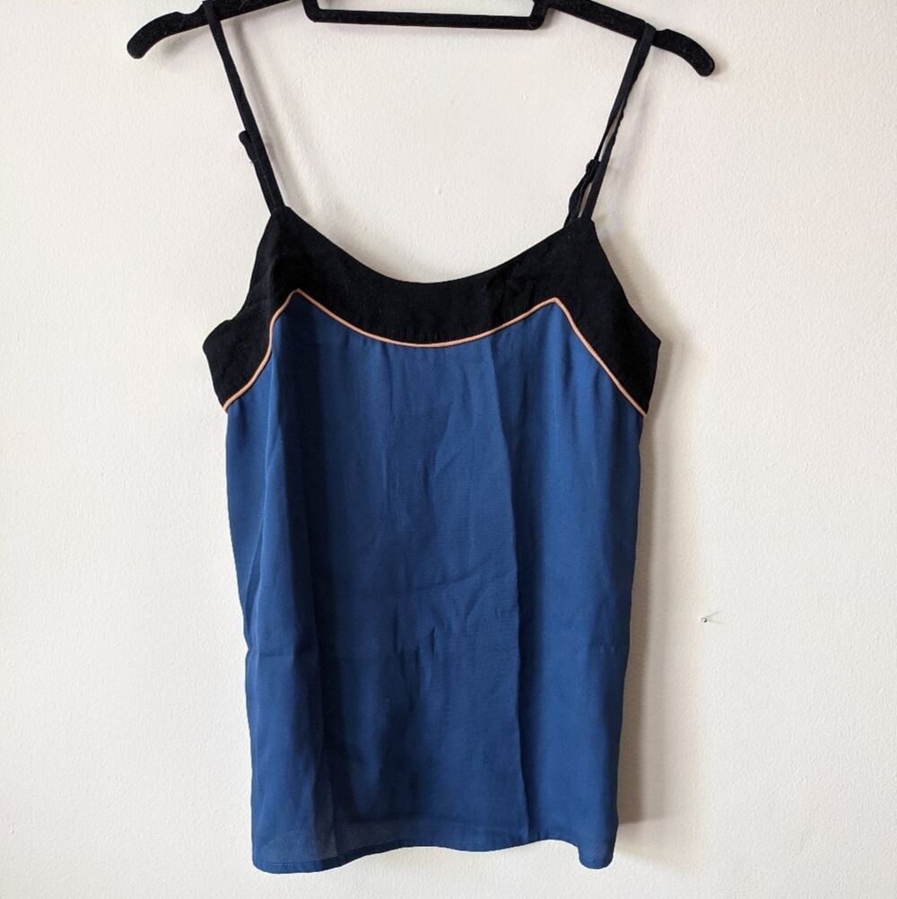 blue and black silky cami with piping trim
